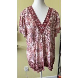 Berkley Jensen Boho Floral Tunic Top XL Rayon V-Neck Border Print Flutter Sleeve